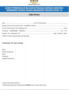 Surat Perwakilan Ibu Bapa/Penjaga Kepada Individu Membawa Kanak-kanak Menerima Vaksin COVID-19